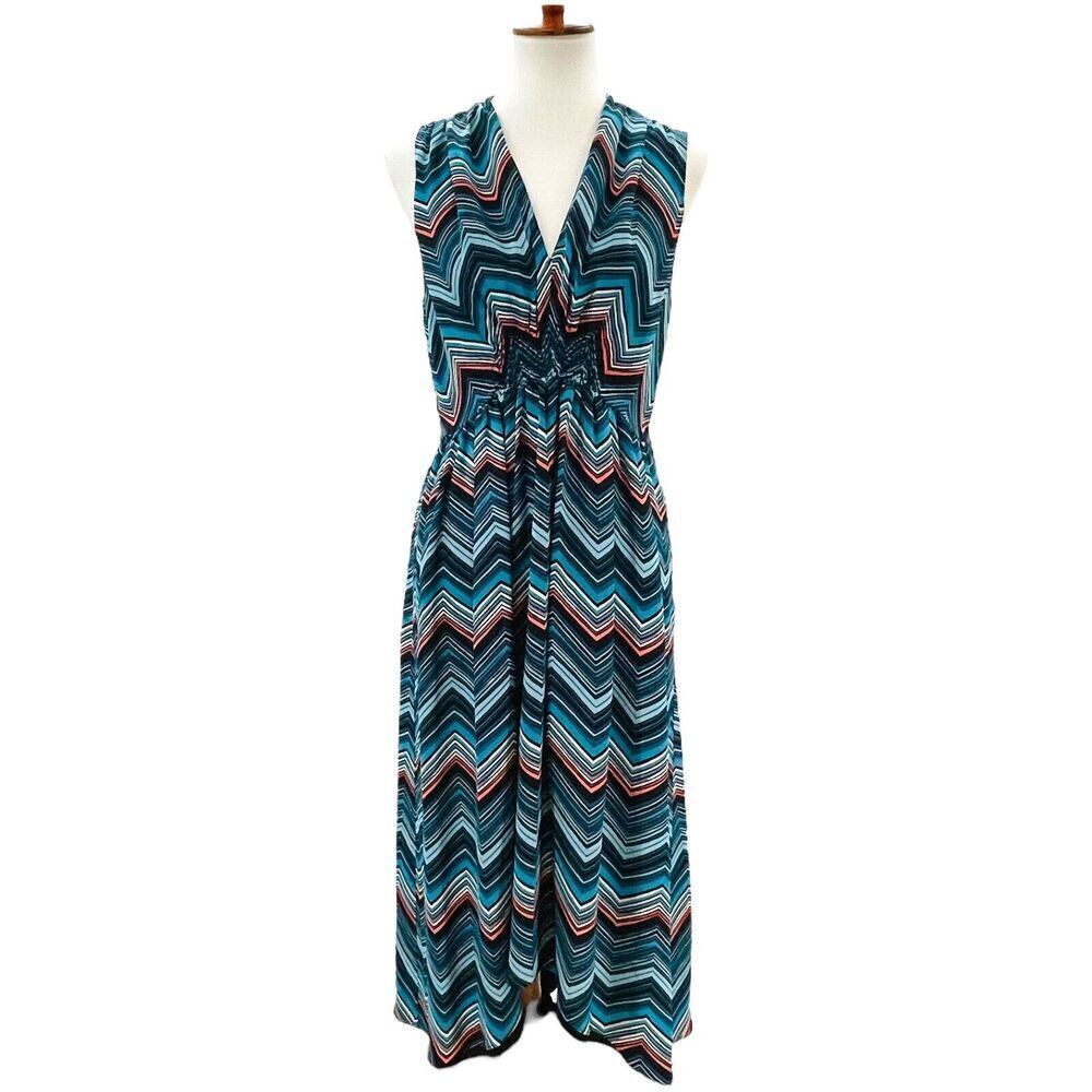 Elorie Blue Silk Chevron Print Sleeveless High Low Dress Women's Size Medium
